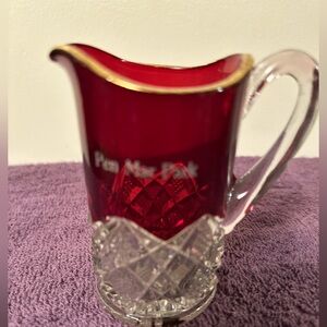 Elegant  vintage souvenir Red and Clear Glass  mini Pitcher